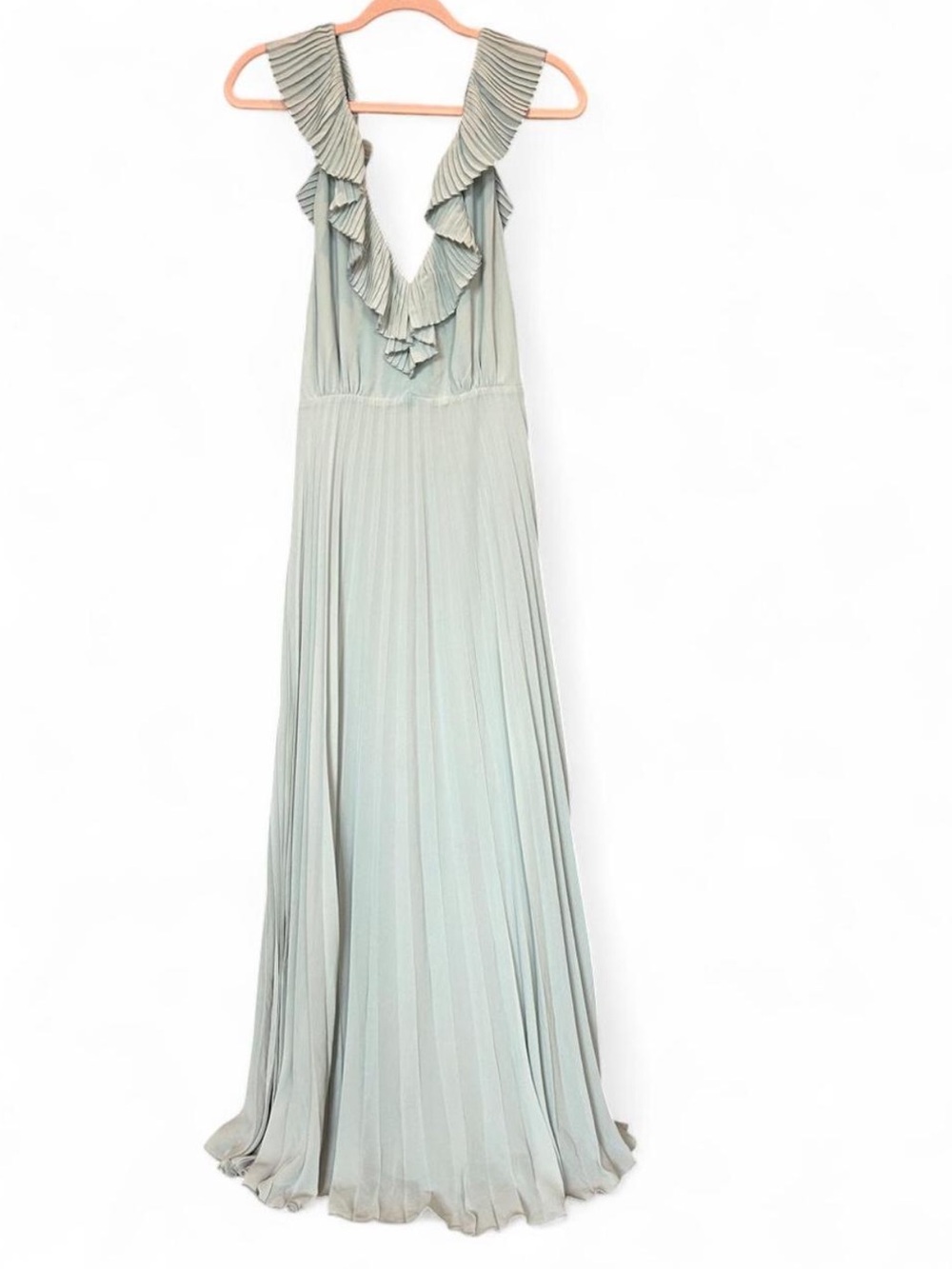 Pale Sage Green Pleated Ruffle V-Neck Maxi Dress